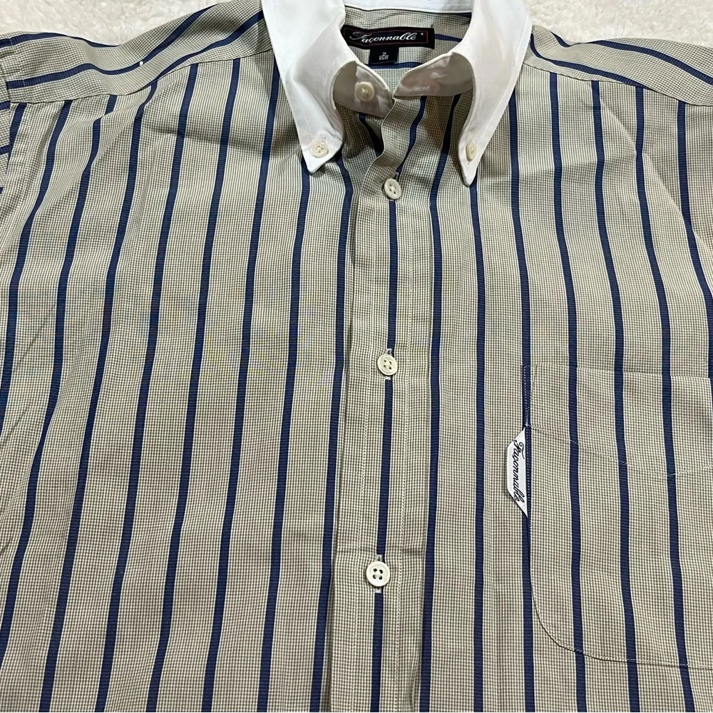 Men's Striped Shirt - Blue and Tan (small check)| 15R Size - Picture 6 of 10